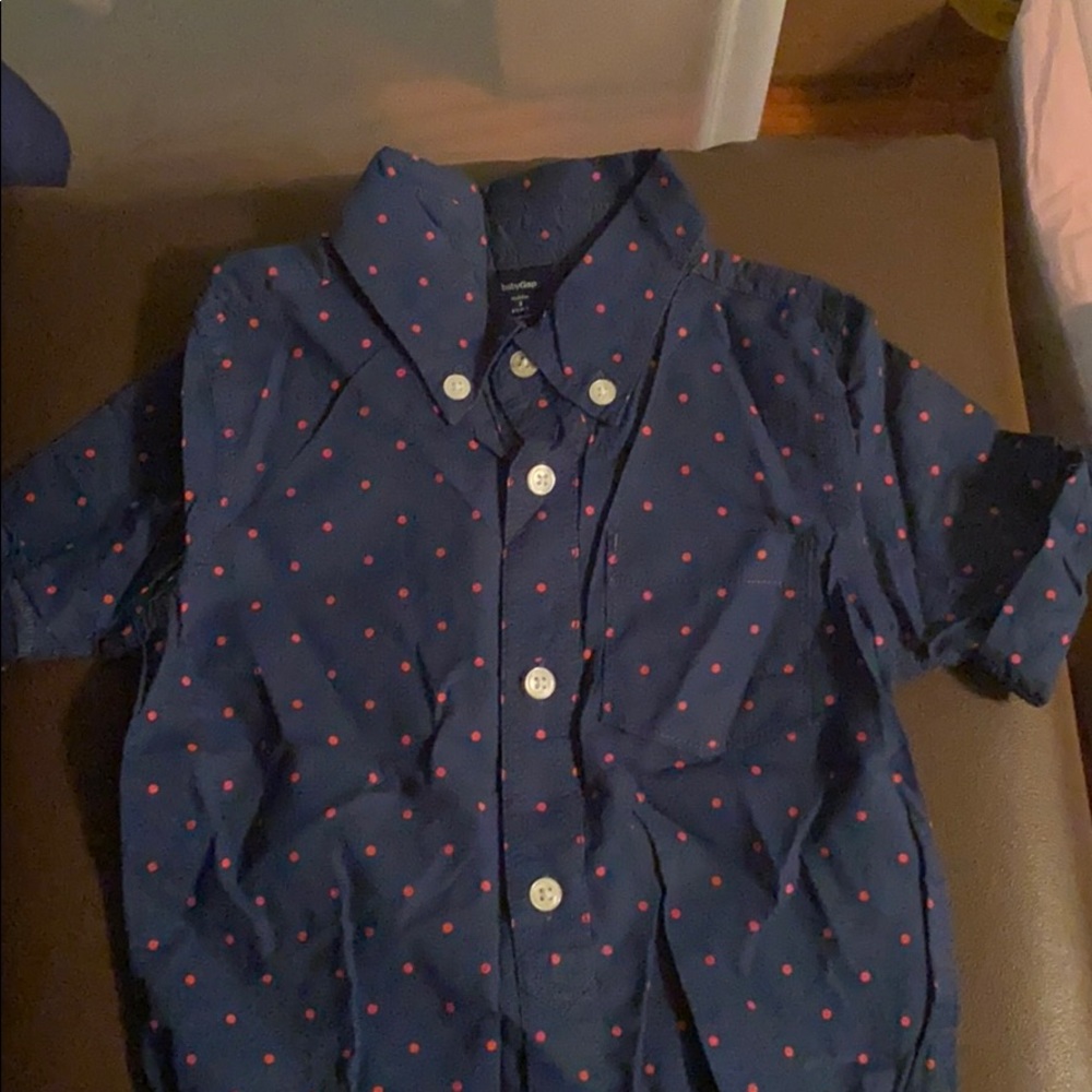 Blue short sleeve shirt/ red polka dots